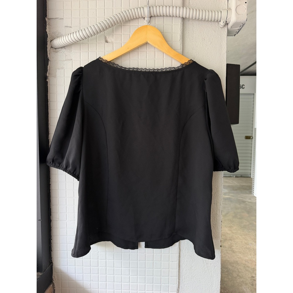 LOFT Black Lace-Trim Puff Sleeve Button Front Top - Picture 6 of 9